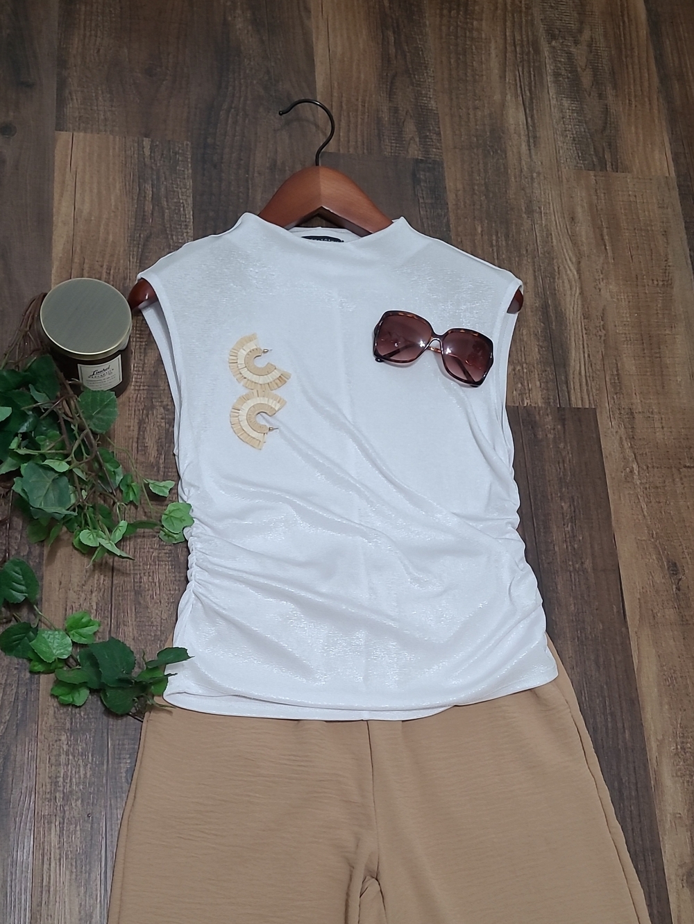White Shimmer Sleeveless Side Ruched Blouse